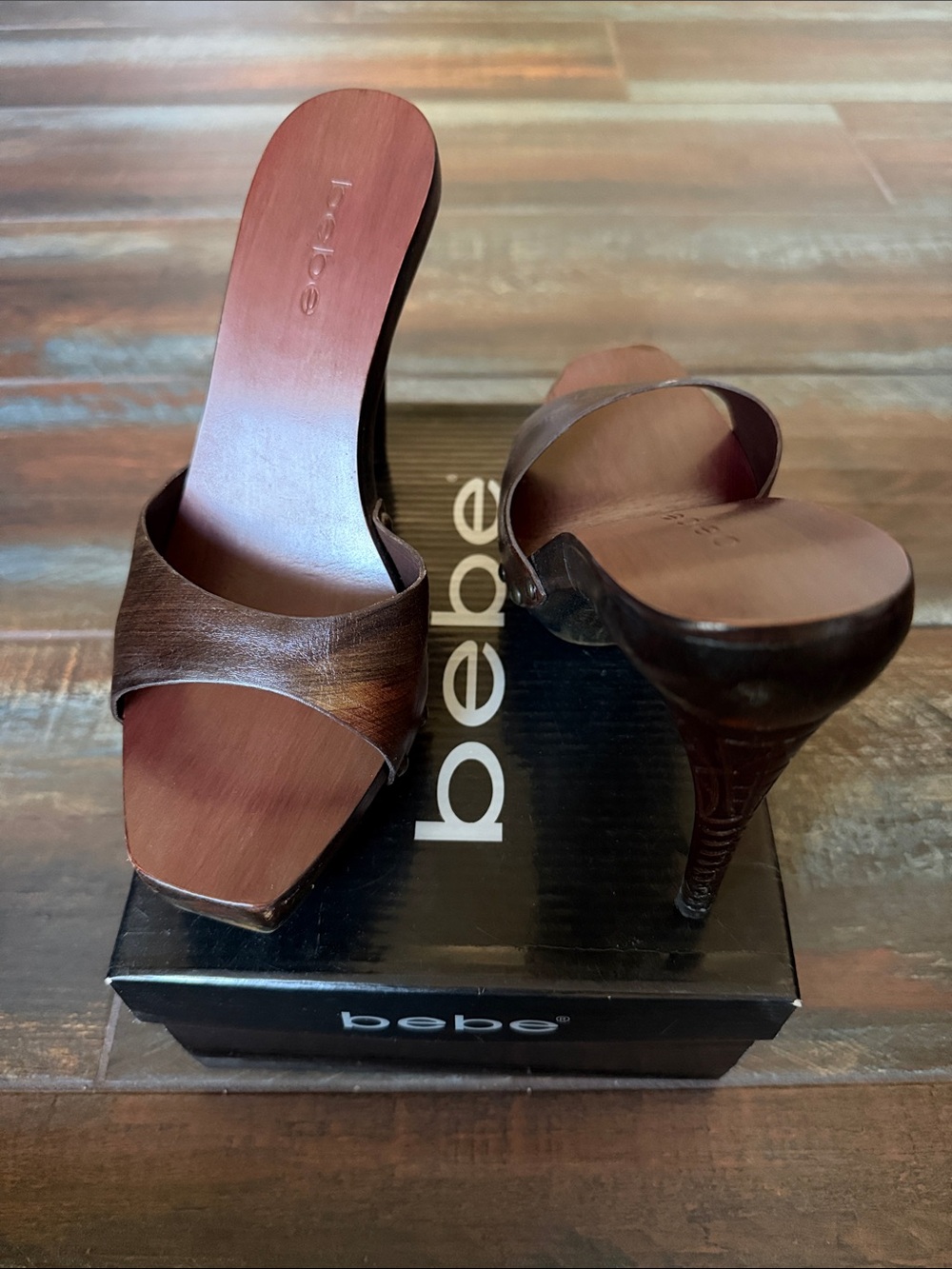 Bebe Brown Leather Open-Toe High Heel Mules